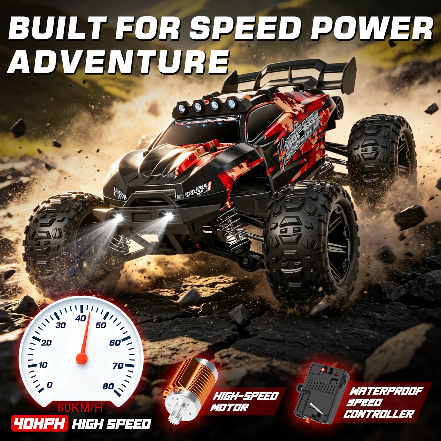 1:14 Scale All Terrain RC Car for Adults & Boys, Remote Control Truck 4WD 40KM/H High Speed, Hobby Grade Waterproof RC Car Toys with Cool Light & 2 Rechargeable Batteries, Best Gift for Boys & Adult