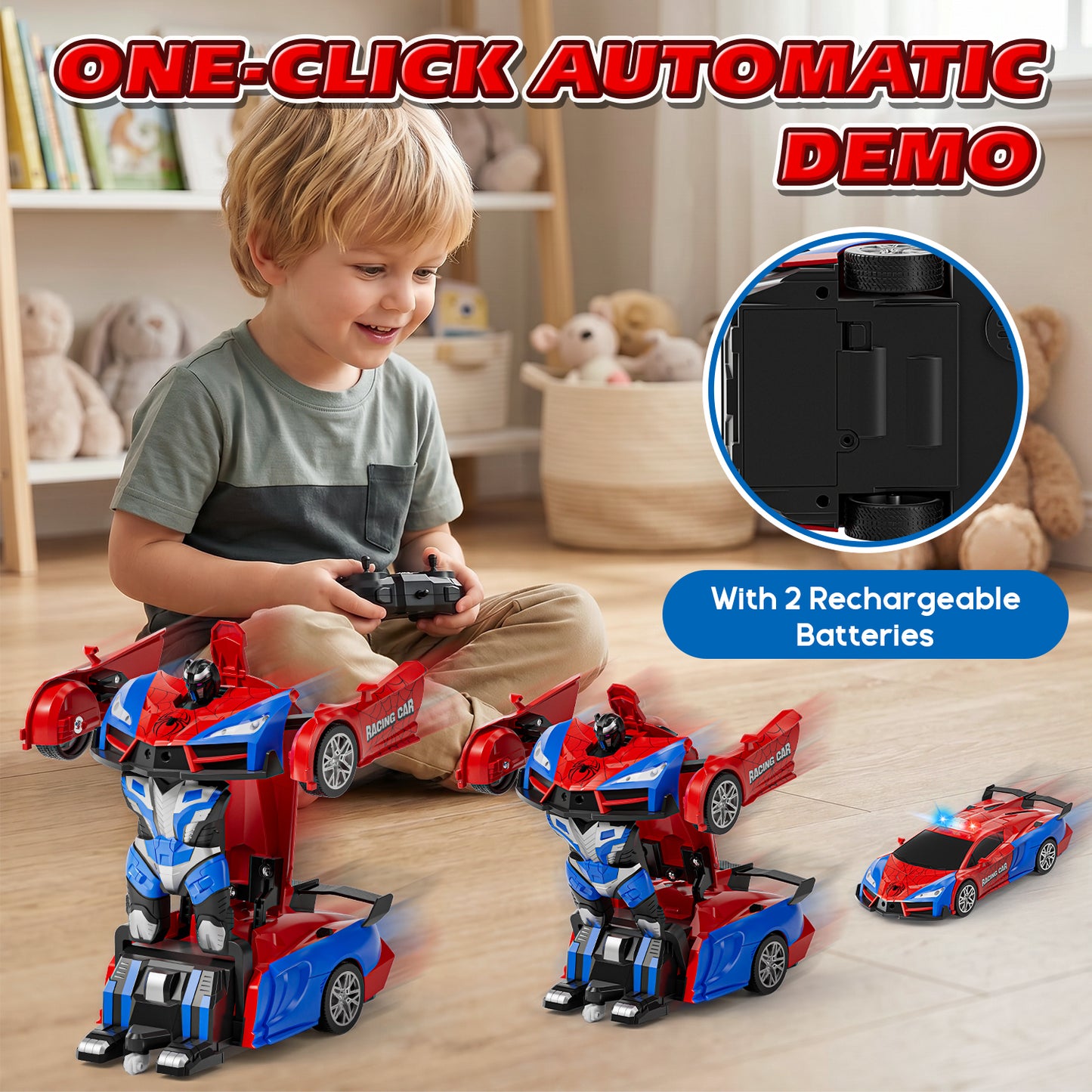 Remote Control Car - Transform Spider Car Toy, One Button Deformation to Robot with Light, 2.4Ghz Remote Control Car with 360° Rotating, Police Car Toy for 3 6 Years Boys