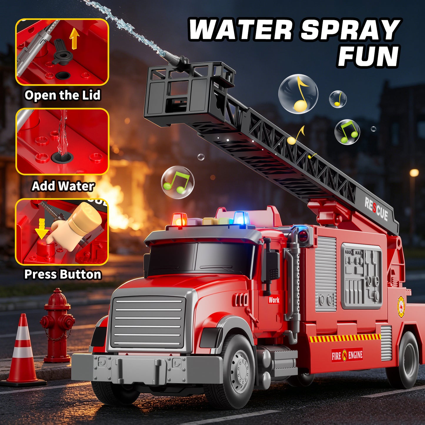 Fire Truck Toys, Toy Trucks for Boys 2-6 Years, Fire Truck Toys for Toddlers with Ejection Mode, Siren Sounds, Shooting Water, Retractable Ladder, 4 Alloy Vehicles, Best Birthday Gift for Toddle