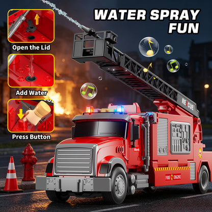 Fire Truck Toys, Toy Trucks for Boys 2-6 Years, Fire Truck Toys for Toddlers with Ejection Mode, Siren Sounds, Shooting Water, Retractable Ladder, 4 Alloy Vehicles, Best Birthday Gift for Toddle
