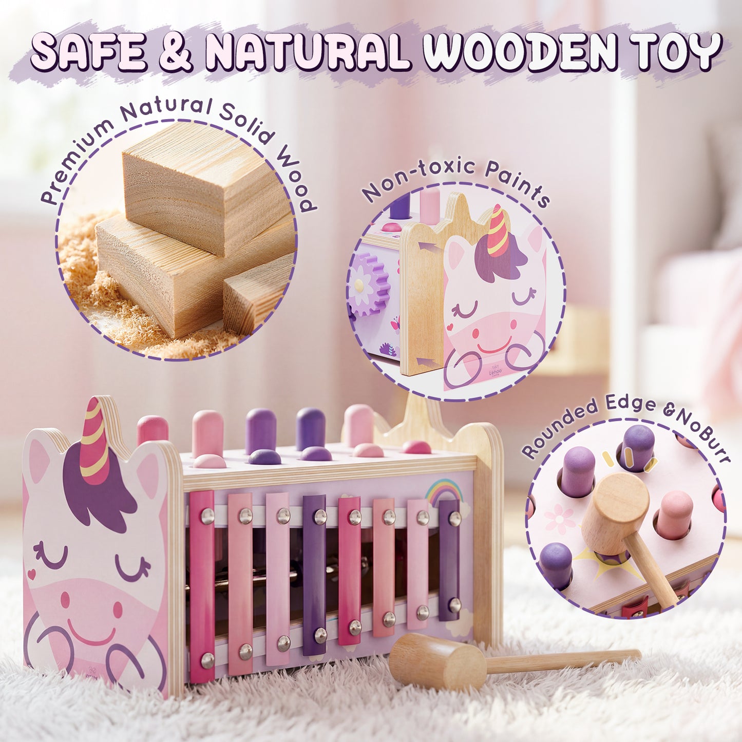 Montessori Toys for 1 Year Old, Wooden Montessori Learning Toys for Toddler, Hammering Pounding Toy with Xylophone, Unicorn Toys, Wood Preschool Learning Fine Motor Skills Game
