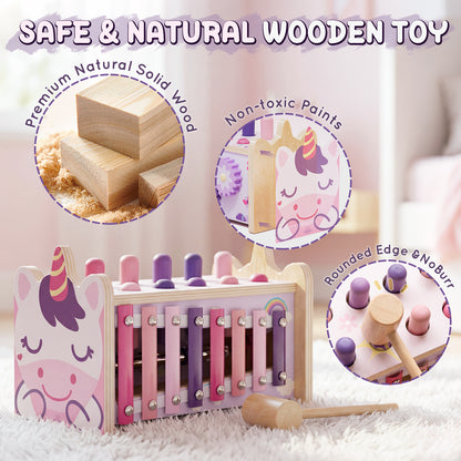 Montessori Toys for 1 Year Old, Wooden Montessori Learning Toys for Toddler, Hammering Pounding Toy with Xylophone, Unicorn Toys, Wood Preschool Learning Fine Motor Skills Game