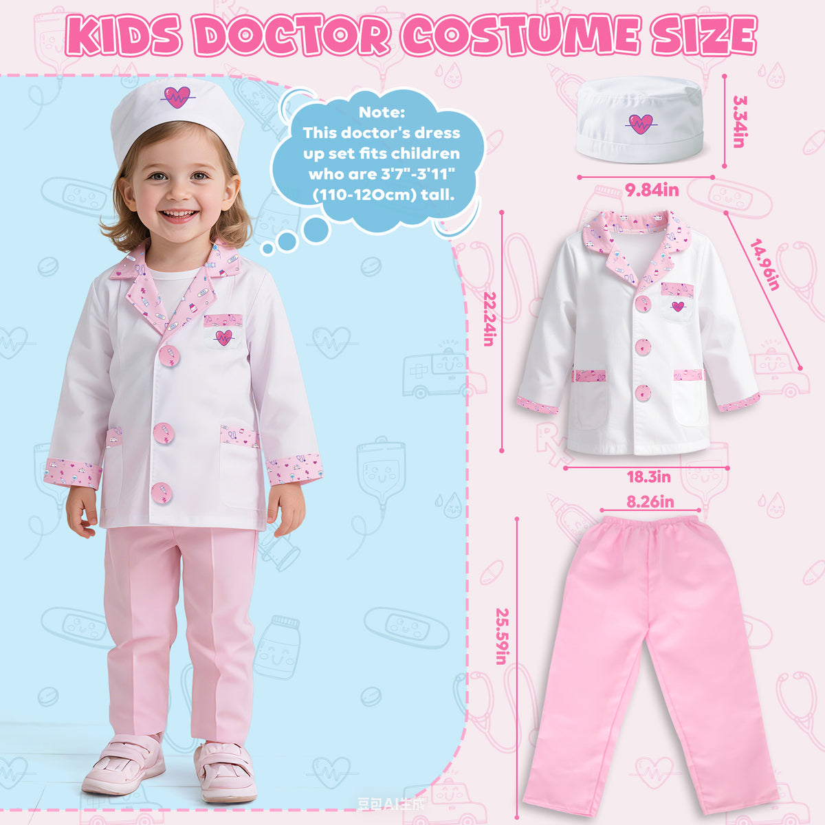 Doctor Costume Set for Kids, Pretend Play Doctor Dress up Clothes with Medical Accessories, Kids Doctor Costume Set Toy for Age 3 4 5 6 Boys Girls - Pink
