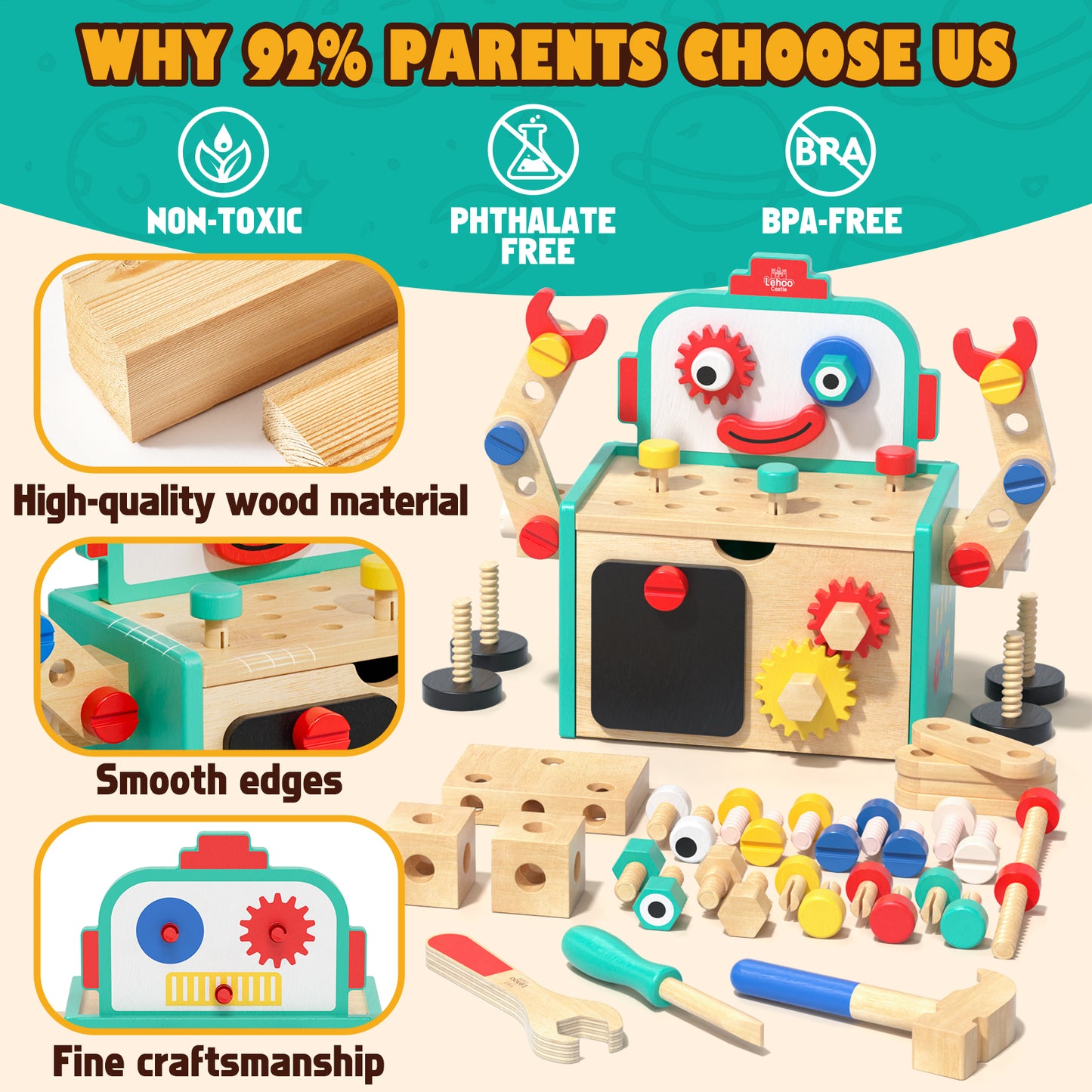 56 PCS Wooden Kids Tool Set, Toddler Tool Bench with Storage Box, Tool Set Educational Construction Toy for Toddler, STEM Montessori Toys for 2 3 4 Year Olds Boys