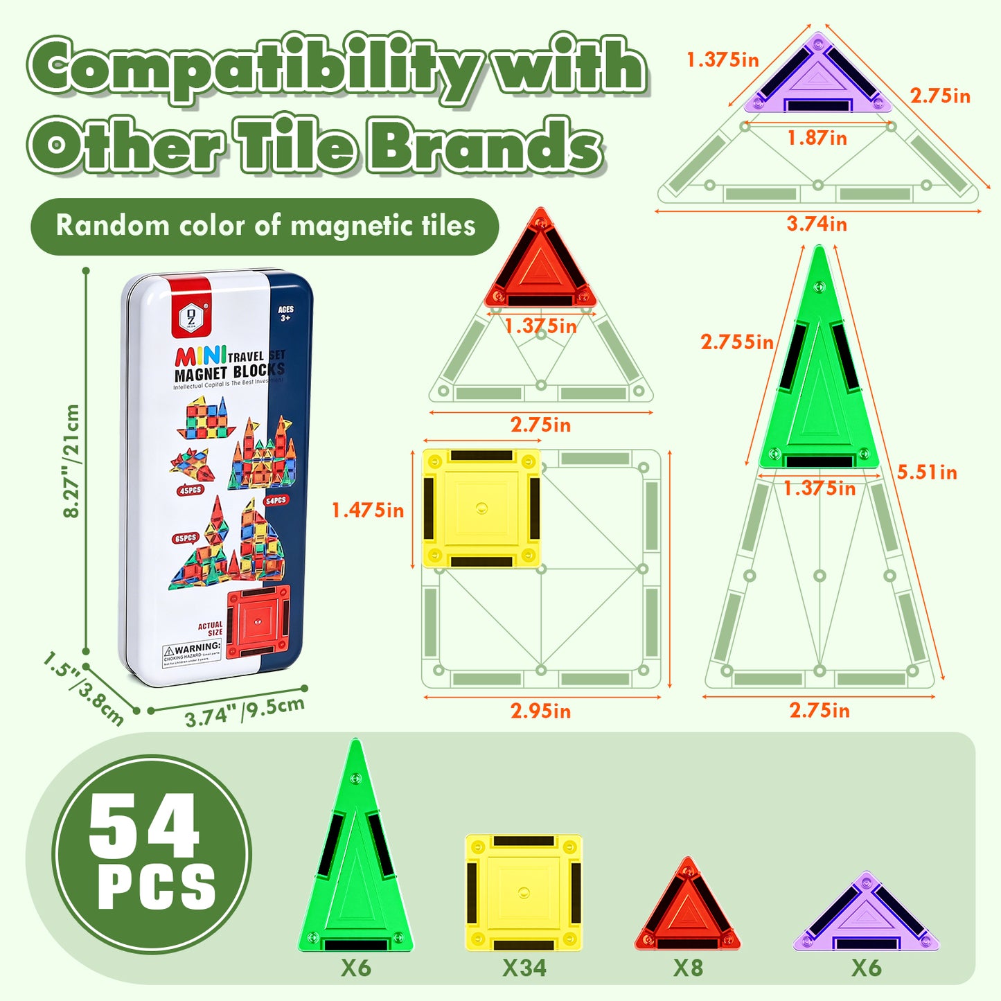 Mini Magnetic Tiles Travel Set with Metal Storage Box, 50PCS Magnetic Tiles, STEM Montessori Educational Toy for Boys Girls, Magnetic Construction Toys for 4-8 Year Old Kids Gifts