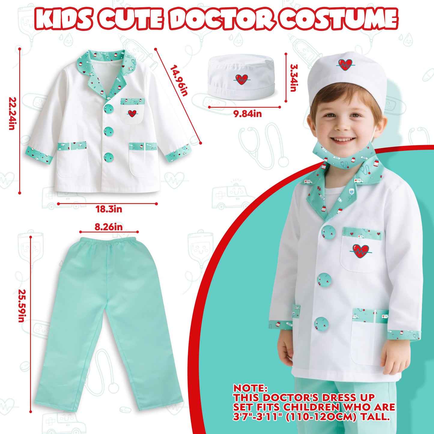 Doctor Costume Set for Kids, Pretend Play Doctor Dress up Clothes with Medical Accessories, Kids Doctor Costume Set Toy for Age 3-6 Boys Girls - Green