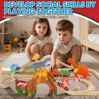 Train Set, Wooden Train Set for Kids, Train Set for Kids Ages 4-8, Train Track Toy Set with 3 Dinosaur Trains, Toys for 2 Year Old Boys, Compatible with Other Brands