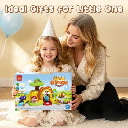 Toy for 1 Year Old, Toy Car for Boys, Lion Toy Car with Music & Light, 5 in 1 Lion Slide & Parking with 4 Mini Cars, Educational Toy for Toddler 1 2 3 Year Old Boys Girls Birthday Gift