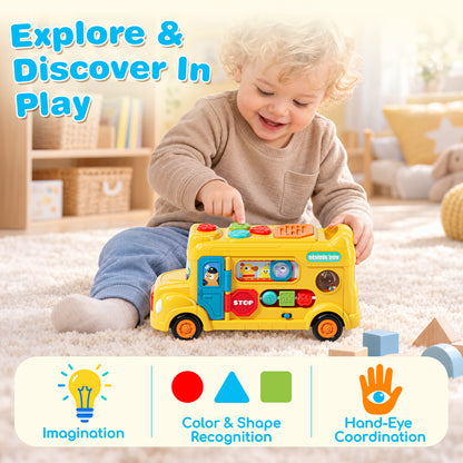 School Bus Toy for 1 Year Old, Musical Busy Board Toy with Lights and Sounds, Interactive Learning Toy for Toddlers 1-3 with Gears and Sliding Beads