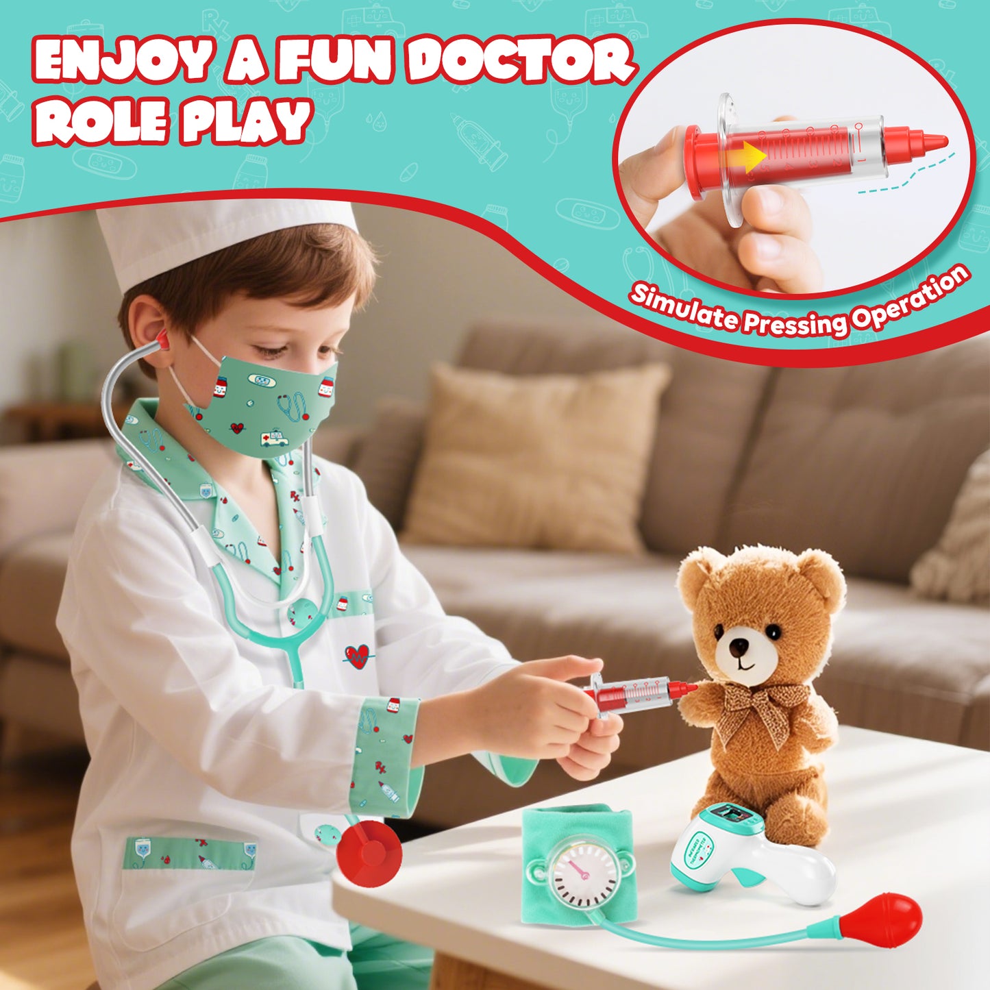 Doctor Costume Set for Kids, Pretend Play Doctor Dress up Clothes with Medical Accessories, Kids Doctor Costume Set Toy for Age 3-6 Boys Girls - Green