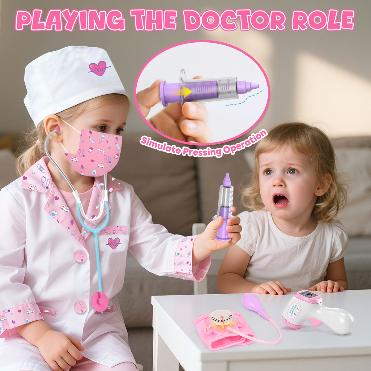 Doctor Costume Set for Kids, Pretend Play Doctor Dress up Clothes with Medical Accessories, Kids Doctor Costume Set Toy for Age 3 4 5 6 Boys Girls - Pink