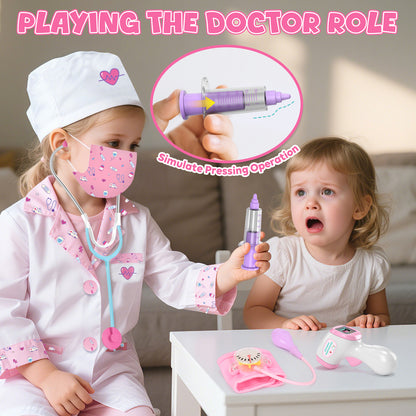 Doctor Costume Set for Kids, Pretend Play Doctor Dress up Clothes with Medical Accessories, Kids Doctor Costume Set Toy for Age 3 4 5 6 Boys Girls - Pink
