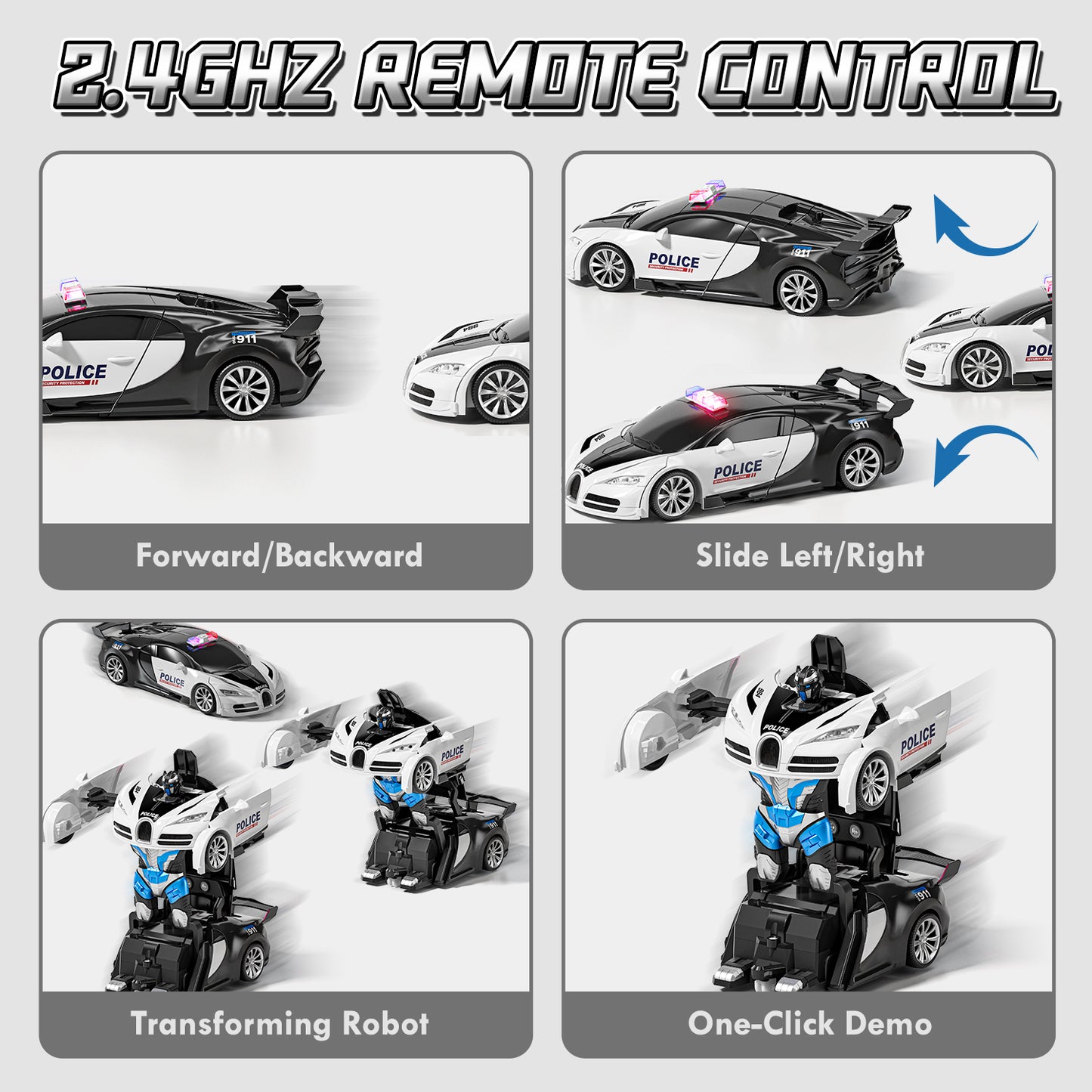 Remote Control Car - Transform Police Car Toy, One Button Deformation to Robot with Light, 2.4Ghz Remote Control Car with 360° Rotating, Police Car Toy for 3 6 Years Boys