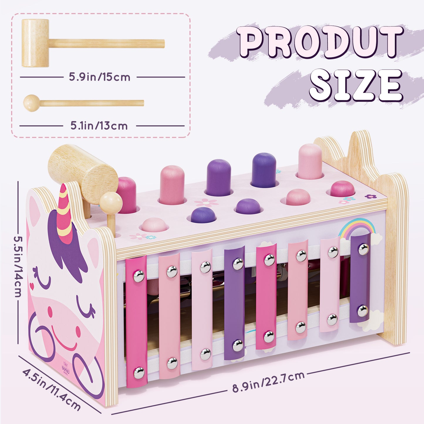 Montessori Toys for 1 Year Old, Wooden Montessori Learning Toys for Toddler, Hammering Pounding Toy with Xylophone, Unicorn Toys, Wood Preschool Learning Fine Motor Skills Game
