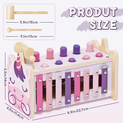 Montessori Toys for 1 Year Old, Wooden Montessori Learning Toys for Toddler, Hammering Pounding Toy with Xylophone, Unicorn Toys, Wood Preschool Learning Fine Motor Skills Game