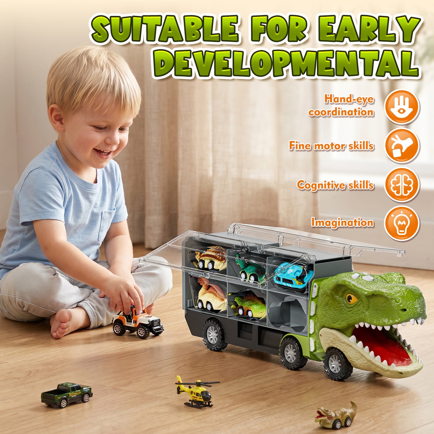 13 in 1 Dinosaur Truck, Transport Dinosaur Carrier Truck with 8 Dinosaurs & 4 Cars & Sound, Dinosaur Toys for Boys, Toy Trucks for Boys 3 6 Years