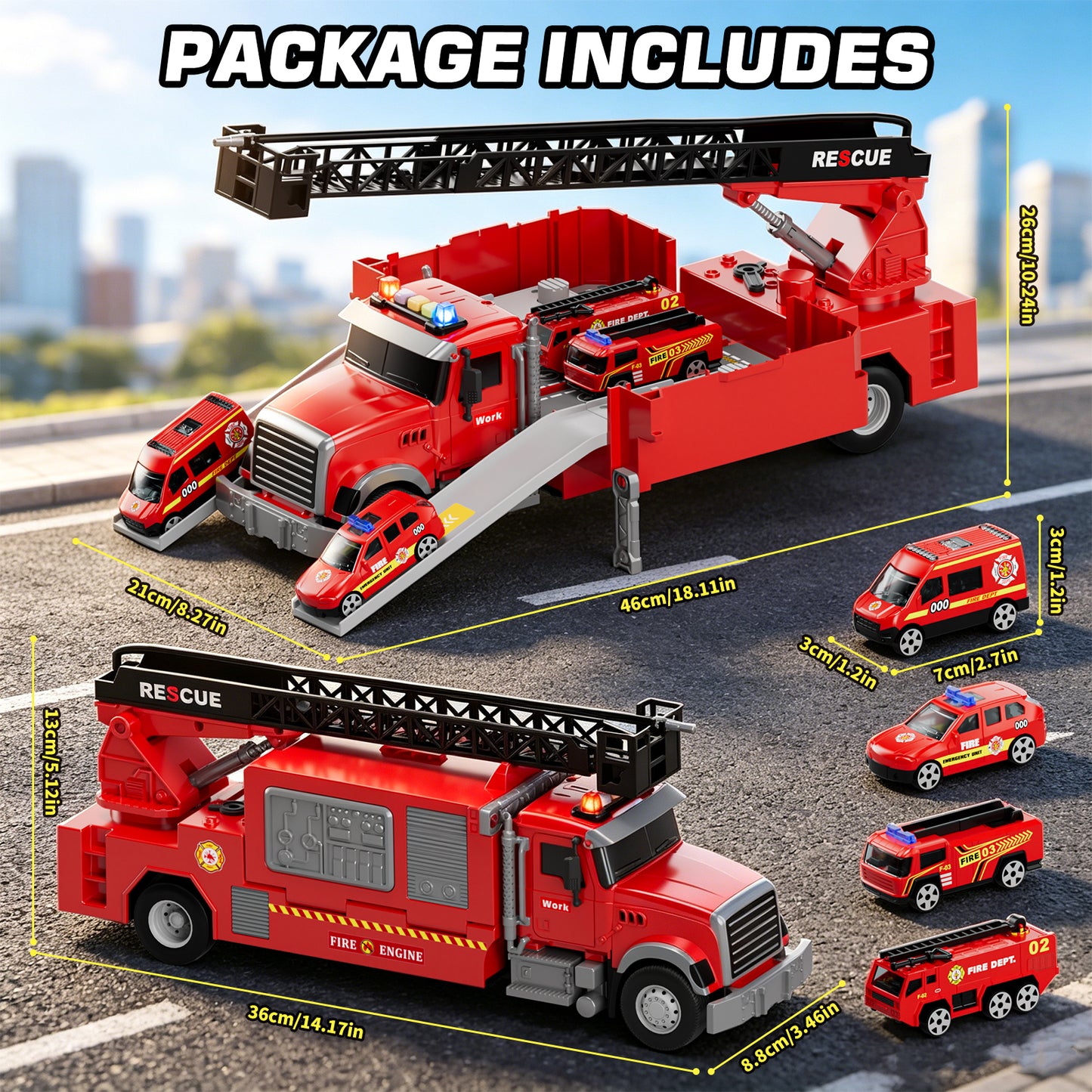 Fire Truck Toys, Toy Trucks for Boys 2-6 Years, Fire Truck Toys for Toddlers with Ejection Mode, Siren Sounds, Shooting Water, Retractable Ladder, 4 Alloy Vehicles, Best Birthday Gift for Toddle