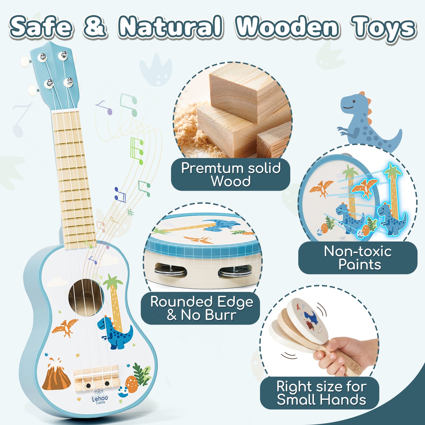 Kids Guitar, Wooden Musical Instruments for Kids, 7 in 1 Dinosaur Music Toys, Band Sets with Ukulele Flute Tambourine Maracas... Montessori Toys for 2 3 Year Old Boy Girls