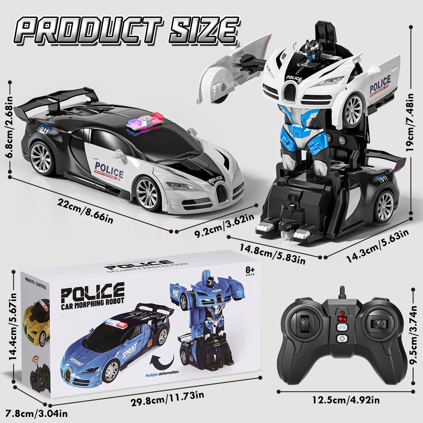Remote Control Car - Transform Police Car Toy, One Button Deformation to Robot with Light, 2.4Ghz Remote Control Car with 360° Rotating, Police Car Toy for 3 6 Years Boys