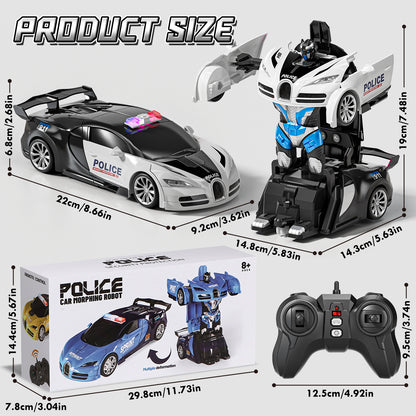 Remote Control Car - Transform Police Car Toy, One Button Deformation to Robot with Light, 2.4Ghz Remote Control Car with 360° Rotating, Police Car Toy for 3 6 Years Boys