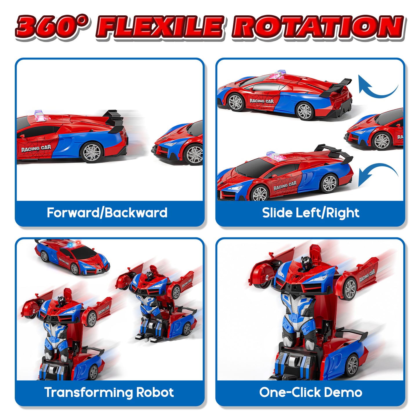 Remote Control Car - Transform Spider Car Toy, One Button Deformation to Robot with Light, 2.4Ghz Remote Control Car with 360° Rotating, Police Car Toy for 3 6 Years Boys