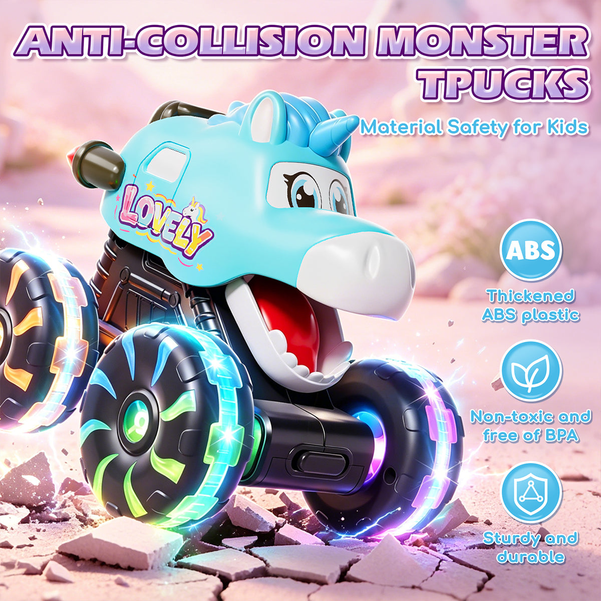 3 Pack Monster Truck Toys, Toy Truck with Flashing LED Wheels, Dinosaur Toys, Toddler Toy Car, Press & Go Cars, Toddler Toys 1-3 for Boys Birthday Gift