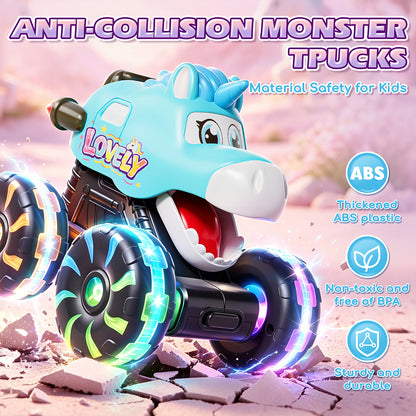 3 Pack Monster Truck Toys, Toy Truck with Flashing LED Wheels, Dinosaur Toys, Toddler Toy Car, Press & Go Cars, Toddler Toys 1-3 for Boys Birthday Gift