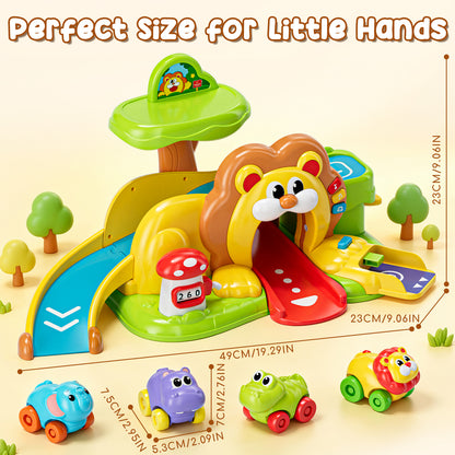 Toy for 1 Year Old, Toy Car for Boys, Lion Toy Car with Music & Light, 5 in 1 Lion Slide & Parking with 4 Mini Cars, Educational Toy for Toddler 1 2 3 Year Old Boys Girls Birthday Gift