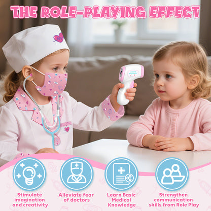 Doctor Costume Set for Kids, Pretend Play Doctor Dress up Clothes with Medical Accessories, Kids Doctor Costume Set Toy for Age 3 4 5 6 Boys Girls - Pink