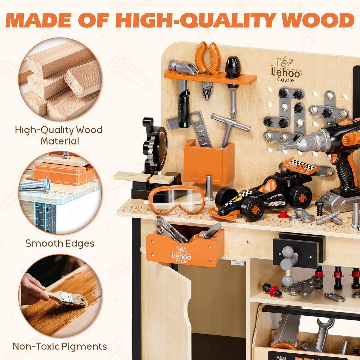 Kids Tool Bench Play Set, Wooden Kids Tool Set with Realistic Tools Electric Drill, Wrench, Screwdriver, Pretend Play Toys Construction Workbench for 3-6 Year Old Boys Girls