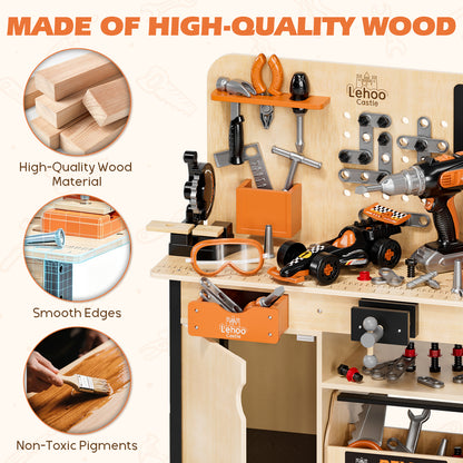Kids Tool Bench Play Set, Wooden Kids Tool Set with Realistic Tools Electric Drill, Wrench, Screwdriver, Pretend Play Toys Construction Workbench for 3-6 Year Old Boys Girls