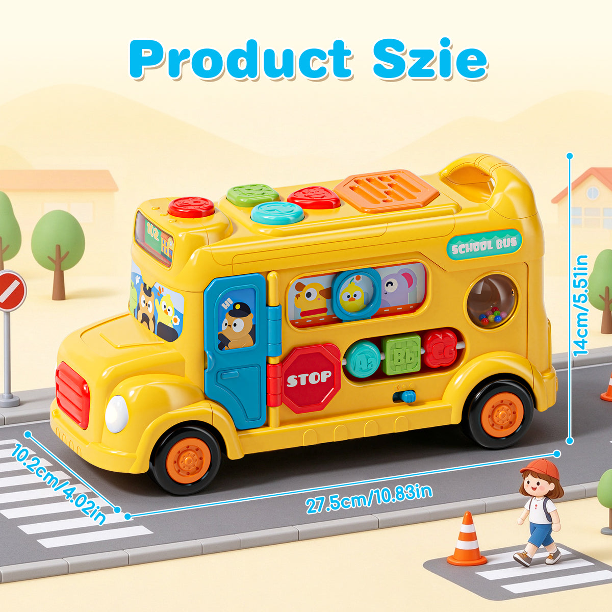 School Bus Toy for 1 Year Old, Musical Busy Board Toy with Lights and Sounds, Interactive Learning Toy for Toddlers 1-3 with Gears and Sliding Beads