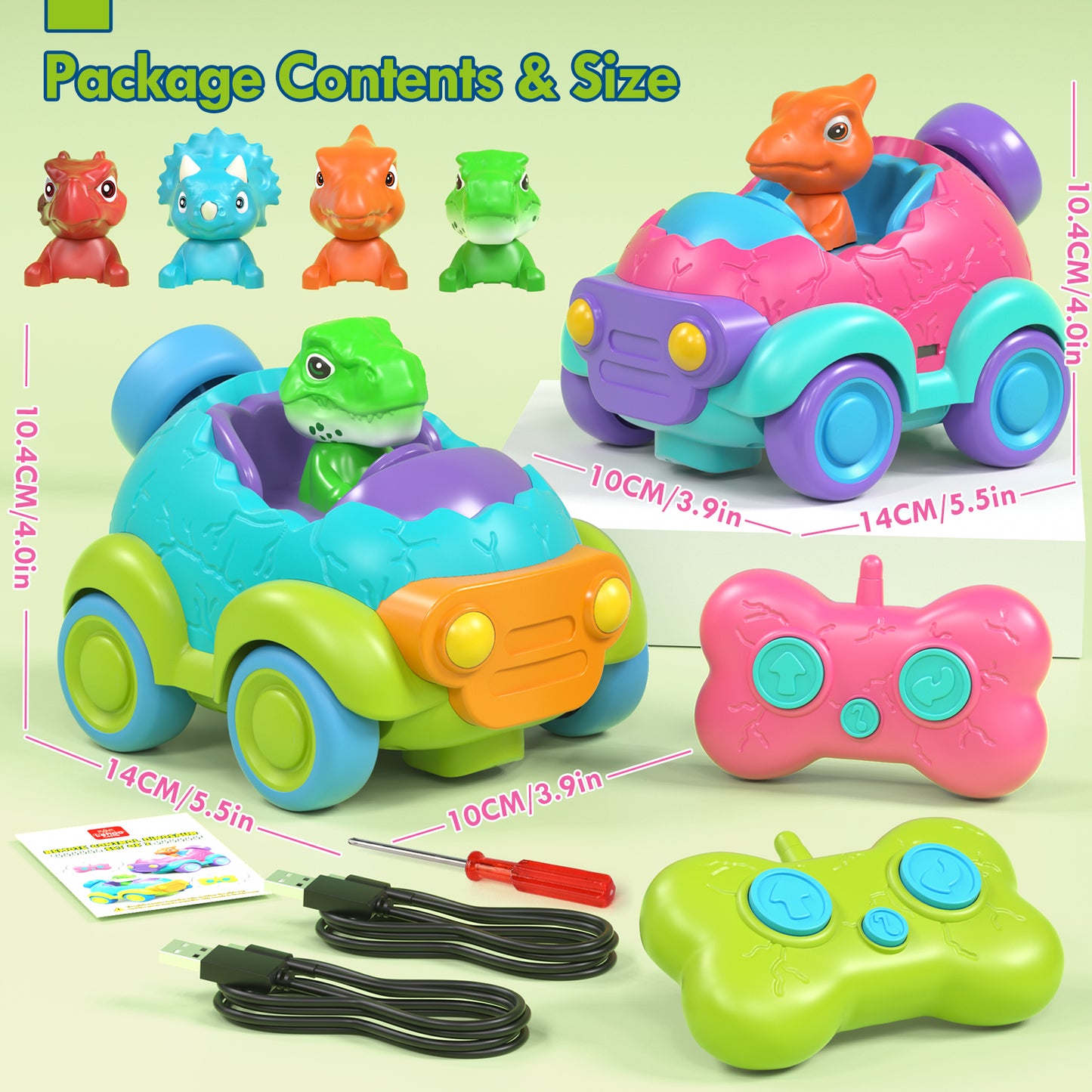 Remote Control Car for Toddlers, Rechargeable RC Cars for Toddler Toys 2-3, Dinosaur Toys for Ages 2-4 with Lights & Music, 2 3 4 Year Old Boy Toys - 2 Pack
