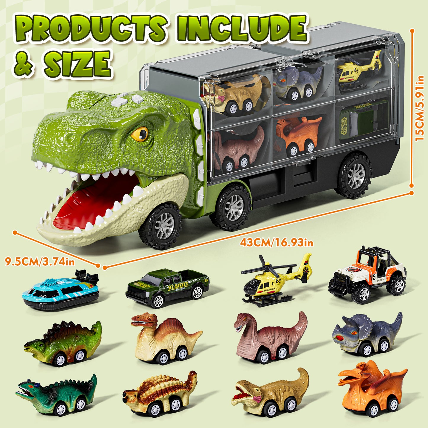 13 in 1 Dinosaur Truck, Transport Dinosaur Carrier Truck with 8 Dinosaurs & 4 Cars & Sound, Dinosaur Toys for Boys, Toy Trucks for Boys 3 6 Years