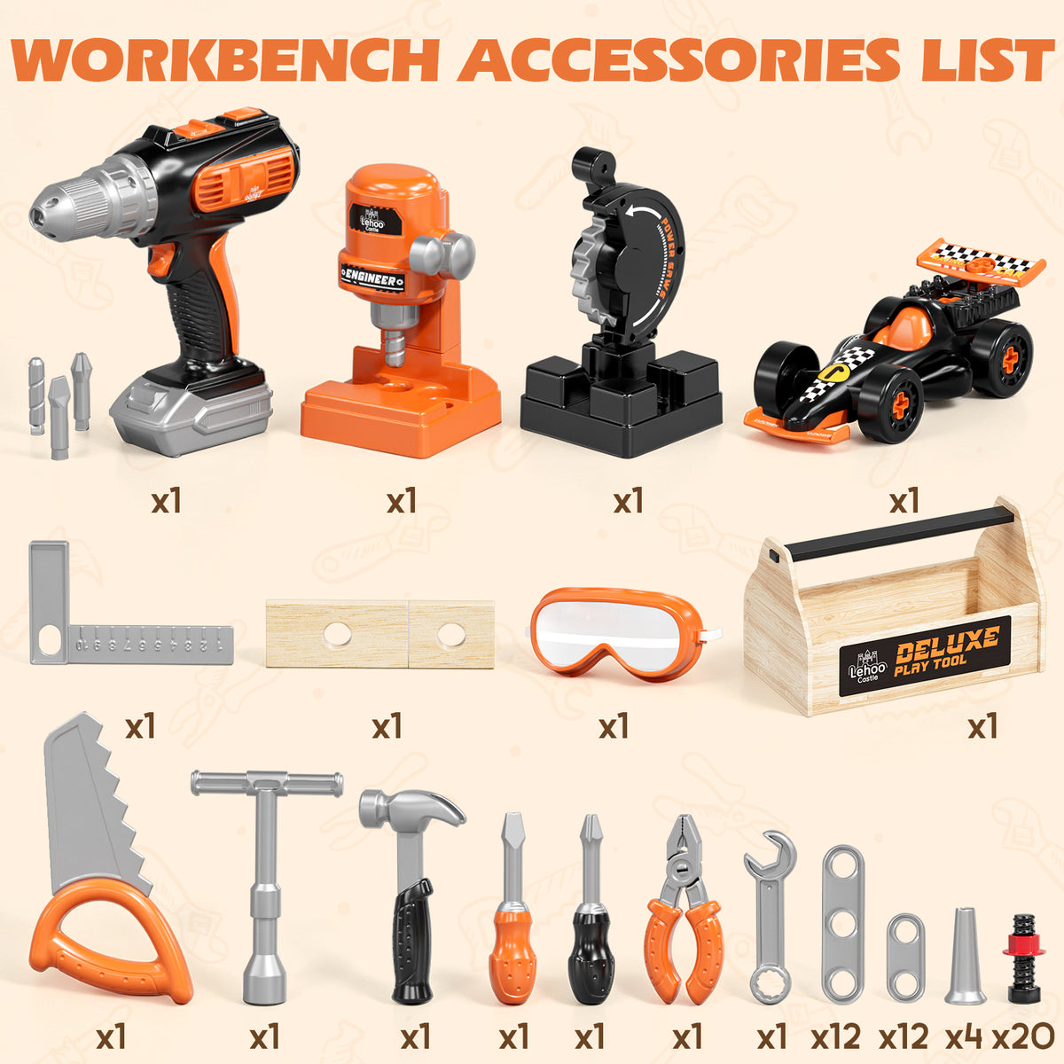 Kids Tool Bench Play Set, Wooden Kids Tool Set with Realistic Tools Electric Drill, Wrench, Screwdriver, Pretend Play Toys Construction Workbench for 3-6 Year Old Boys Girls