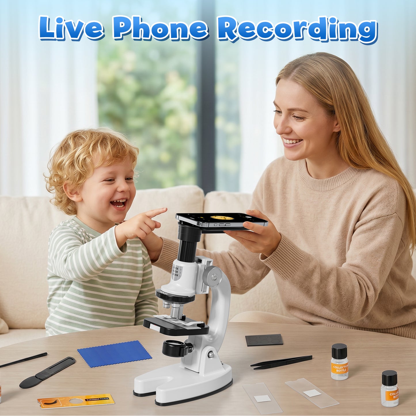 Microscope for Kids, Science Kits for Kids Beginner, Compound Biological Educational Microscope with LED 200X, 600X, 1200X, Smartphone Adapter, Slides Set, Educational Toys for Kids 3-8 Years