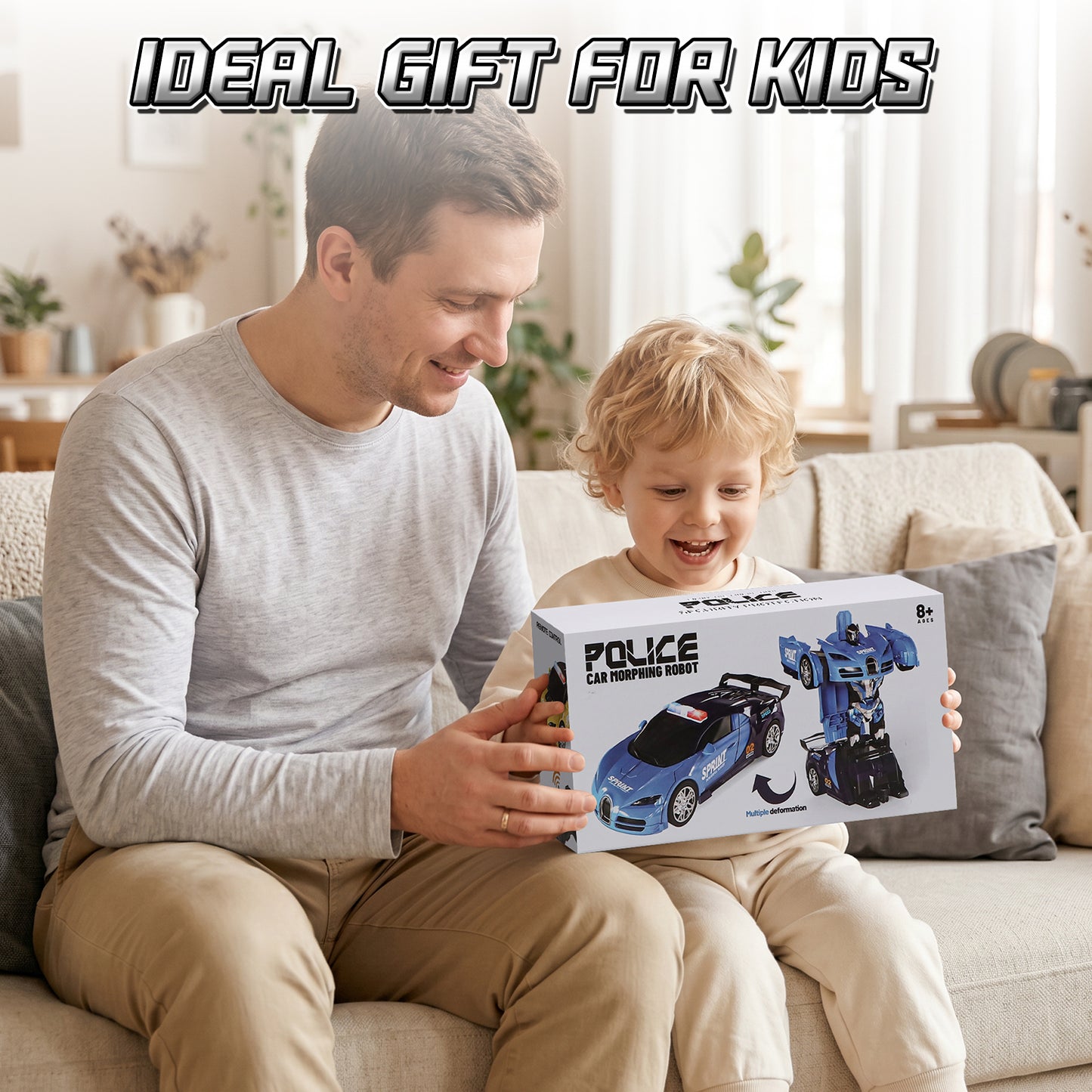 Remote Control Car - Transform Police Car Toy, One Button Deformation to Robot with Light, 2.4Ghz Remote Control Car with 360° Rotating, Police Car Toy for 3 6 Years Boys