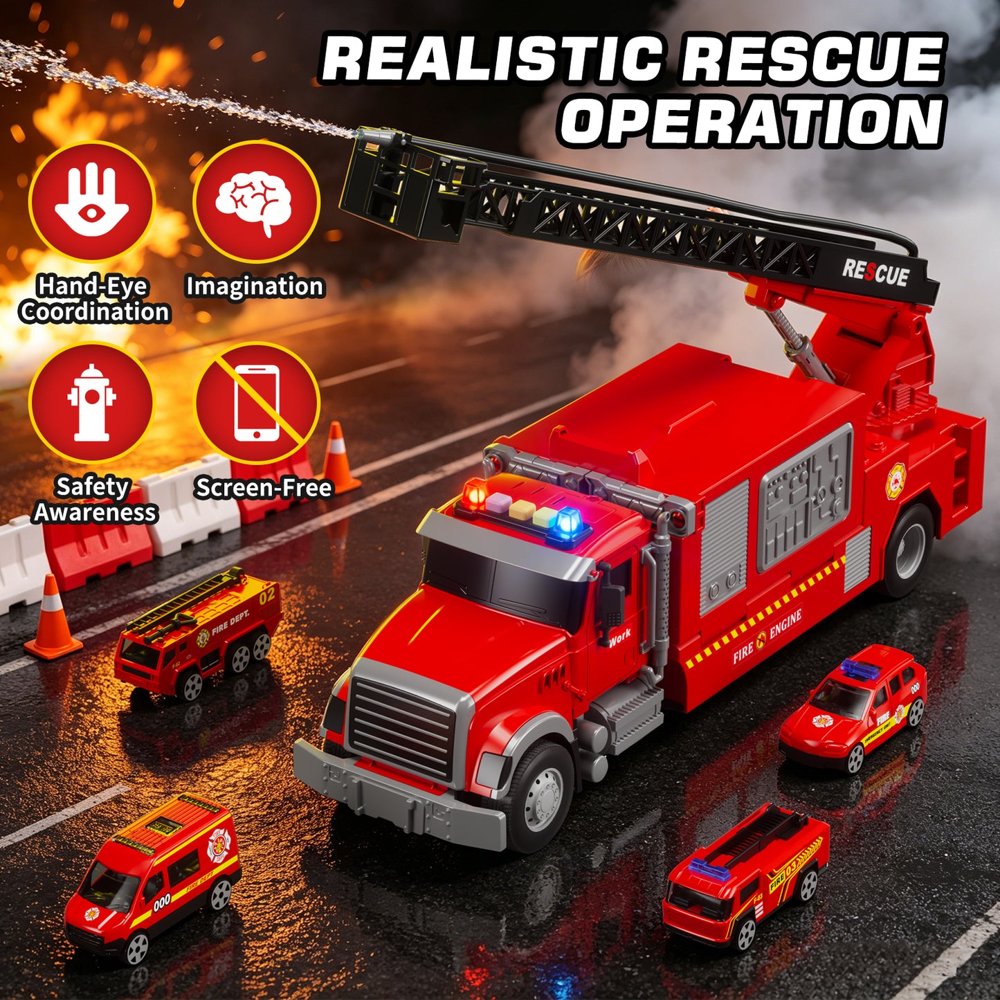 Fire Truck Toys, Toy Trucks for Boys 2-6 Years, Fire Truck Toys for Toddlers with Ejection Mode, Siren Sounds, Shooting Water, Retractable Ladder, 4 Alloy Vehicles, Best Birthday Gift for Toddle