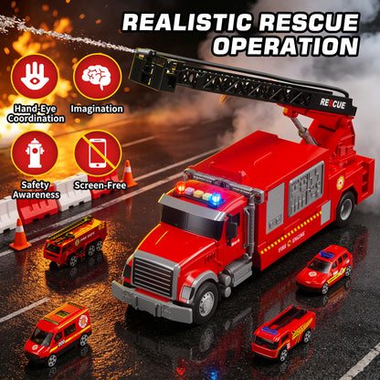 Fire Truck Toys, Toy Trucks for Boys 2-6 Years, Fire Truck Toys for Toddlers with Ejection Mode, Siren Sounds, Shooting Water, Retractable Ladder, 4 Alloy Vehicles, Best Birthday Gift for Toddle