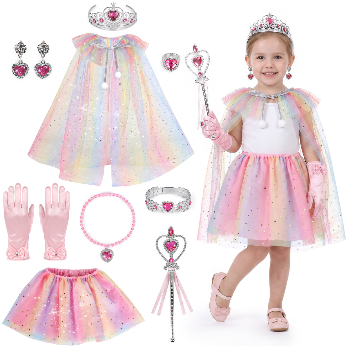 Princess Dress Up for Girls Ages 3-6, Pink Rainbow Princess Costume Set with Cape, Gloves, Crown, Wand & Jewelry, Pretend Play Dress Up Clothes, Birthday Christmas Gifts for Toddler Girls