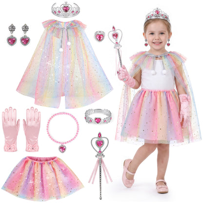 Princess Dress Up for Girls Ages 3-6, Pink Rainbow Princess Costume Set with Cape, Gloves, Crown, Wand & Jewelry, Pretend Play Dress Up Clothes, Birthday Christmas Gifts for Toddler Girls