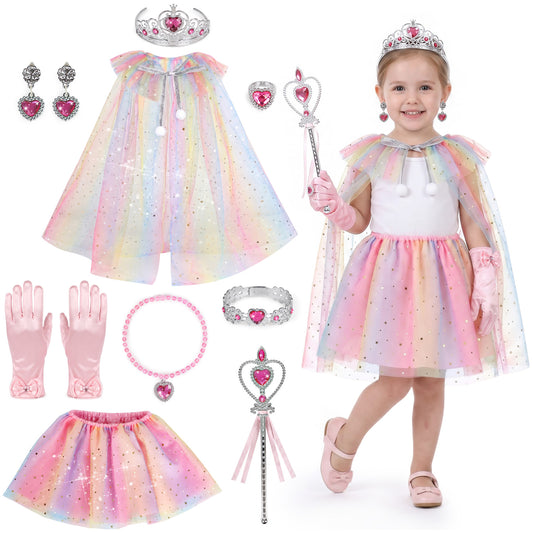 Princess Dress Up Toddler Girl Toys, Princess Dress Up Set with Toddler Tutu Costume, Princess Crown, Gloves, Wand, Rings, Pretend Play Toys for Girls 3 4 5 6 Year Old, Best Gifts for Girls - Pink