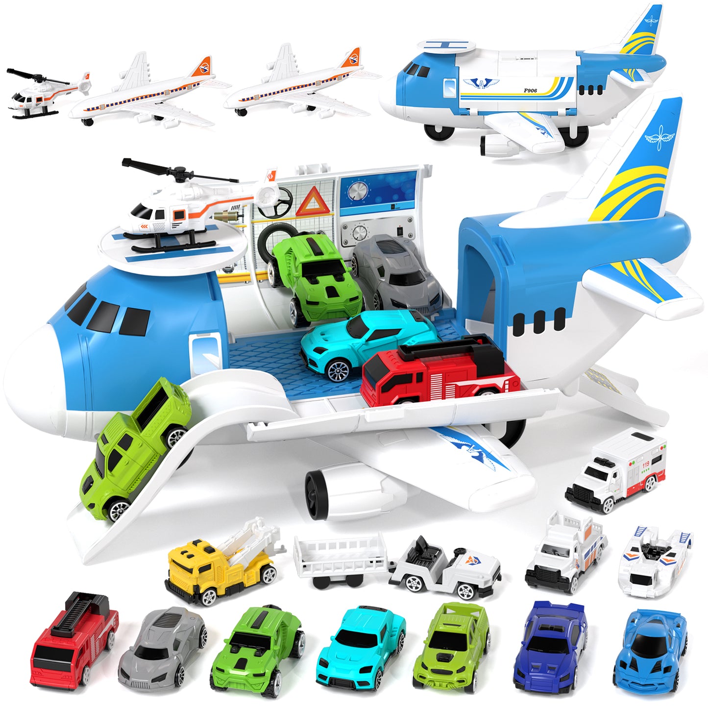 Airplane Toys, Toys for 2+ Year Old Boys, Transport Airplane with 6 Race Cars, 6 Carrier Cars, 2 Airplanes, 1 Helicopter, 1 Map, 2 Year Old Boy Birthday Gift