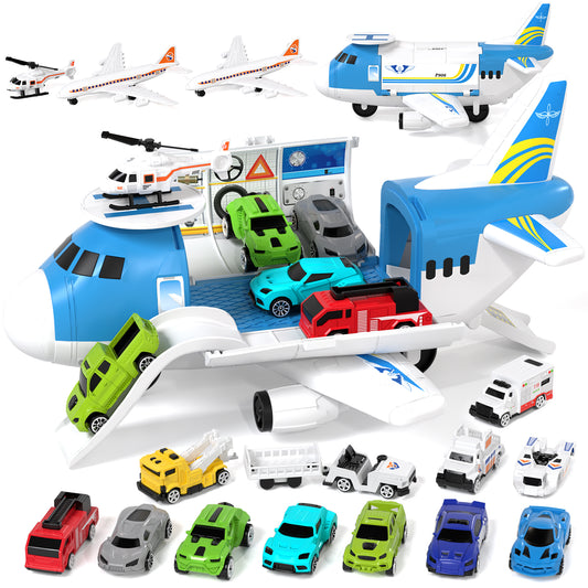 Airplane Toys, Toys for 2+ Year Old Boys, Transport Airplane with 6 Race Cars, 6 Carrier Cars, 2 Airplanes, 1 Helicopter, 1 Map, 2 Year Old Boy Birthday Gift