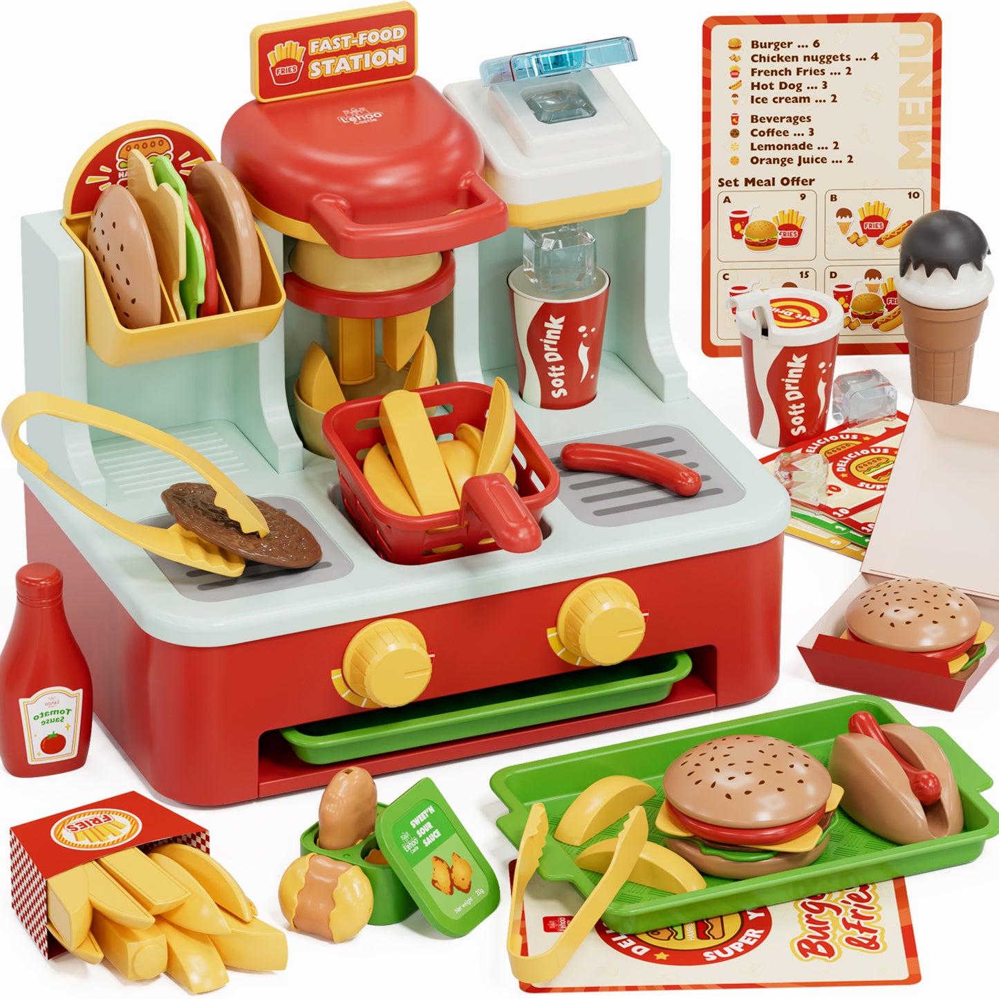 Play Food Sets, Pretend Play Toys for Girls, Play Kitchen Accessories with Hamburgers & ice cream & fries, Preschool Learning Education Toys for Kids 2 3 4 5 6 Year Old