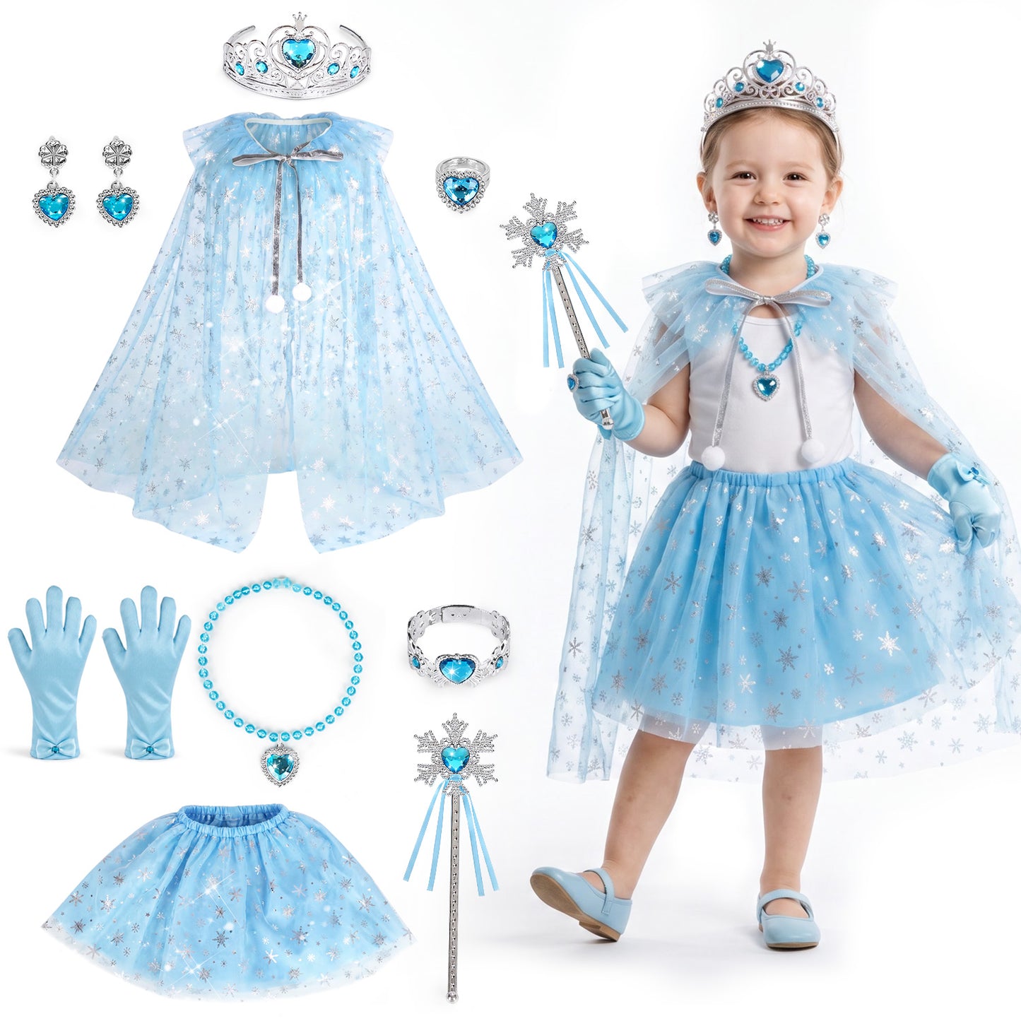 Princess Dress Up for Girls Ages 3-6, Blue Ice Princess Costume Set with Snowflake Cape, Gloves, Crown, Wand & Jewelry, Pretend Play Dress Up Clothes, Birthday Christmas Gifts for Toddler Girls