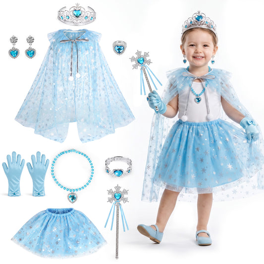Princess Dress Up Toddler Girl Toys, Princess Dress Up Set with Toddler Tutu Costume, Princess Crown, Gloves, Wand, Rings, Pretend Play Toys for Girls 3 4 5 6 Year Old, Best Gifts for Girls - Blue