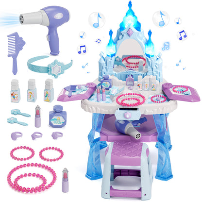 Toddler Vanity Makeup Table Toy with Mirror & Chair, Kids Vanity Set with Light & Music, Pretend Play Princess Dress Up Vanity Set, Gifts for 4 Year Old Girls