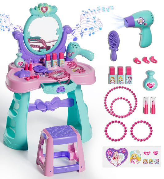 Toddler vanity set for 2 3 4 5 Year Old Girls, Toddler Vanity Makeup Table with Mirror & Chair, Pretend Play Makeup Play Toys Set with Light & Music, Birthday Gift Toy for 2-5 Girls