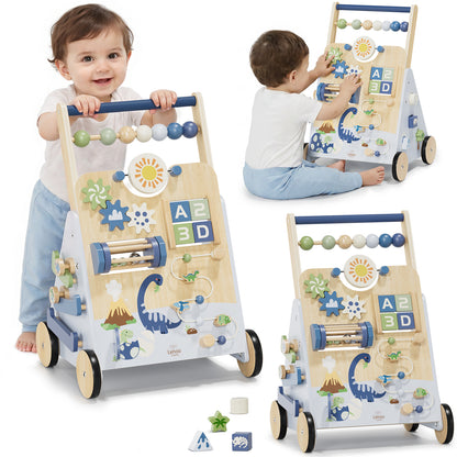 Baby Walker, Wooden Baby Push Walker with Activity Center, Push Walker Toys for Toddler Learning to Walk & Sit-to-Stand, Walking Toys for 1 Year Old